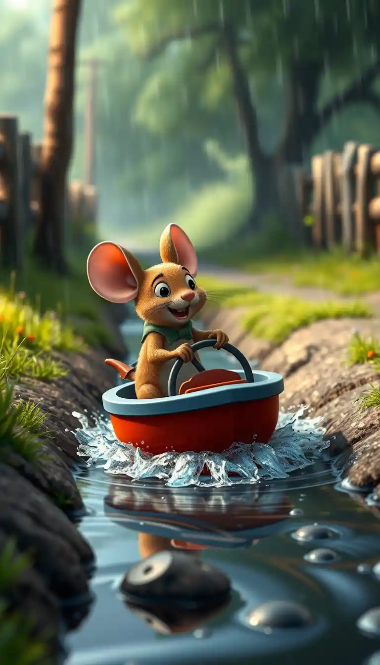 Cartoon mouse steering a toy boat in a rainy ditch