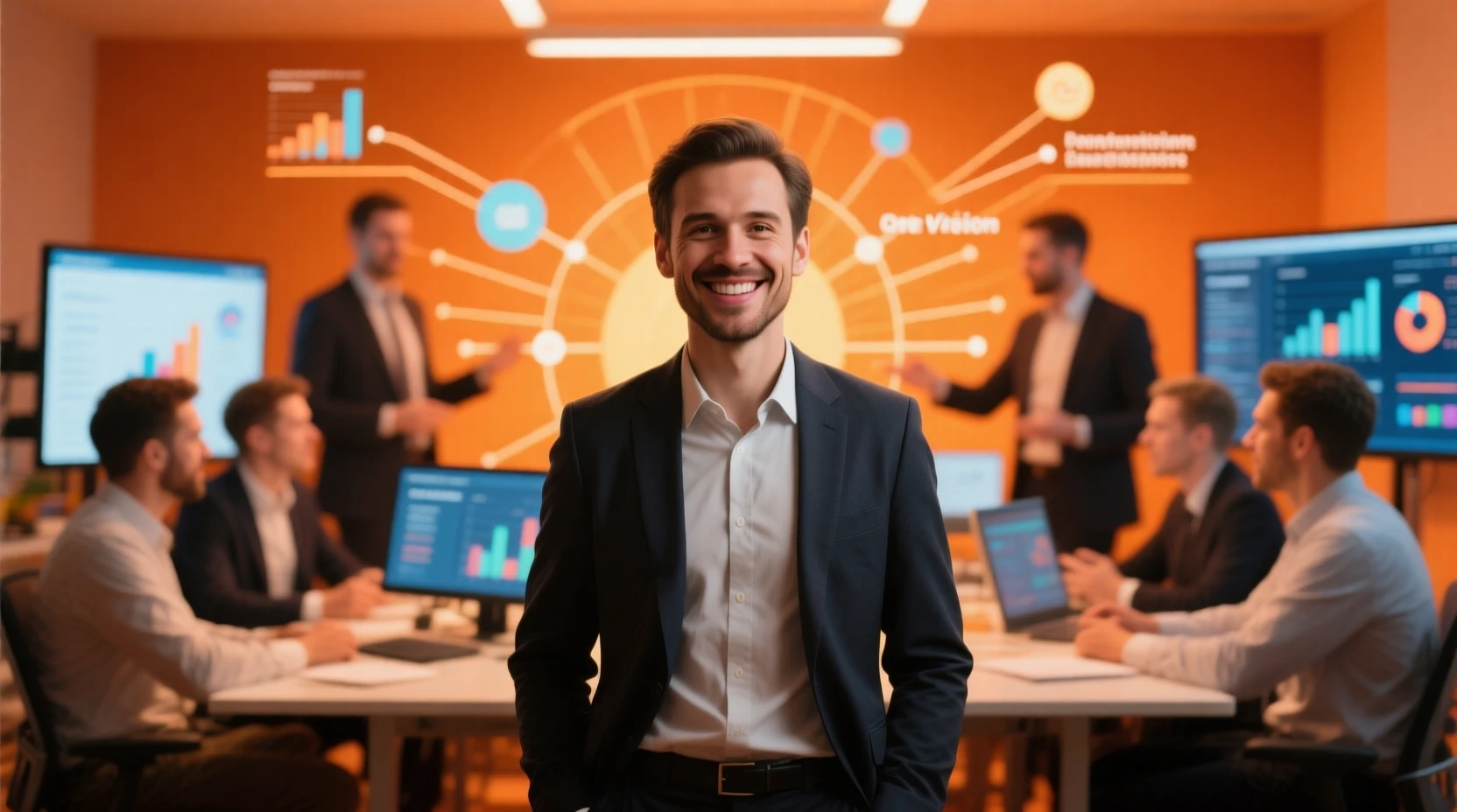 Smiling professional leading a marketing team in warm tones