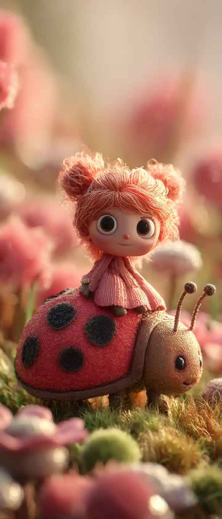 Claymation Girl Riding A Giant Ladybug At Sunrise