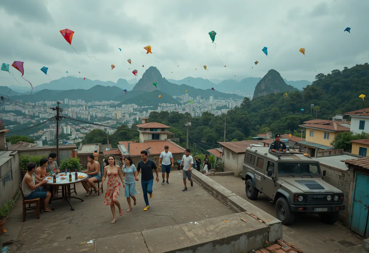 Young friends flying kites above Rio de Janeiro favela rooftops