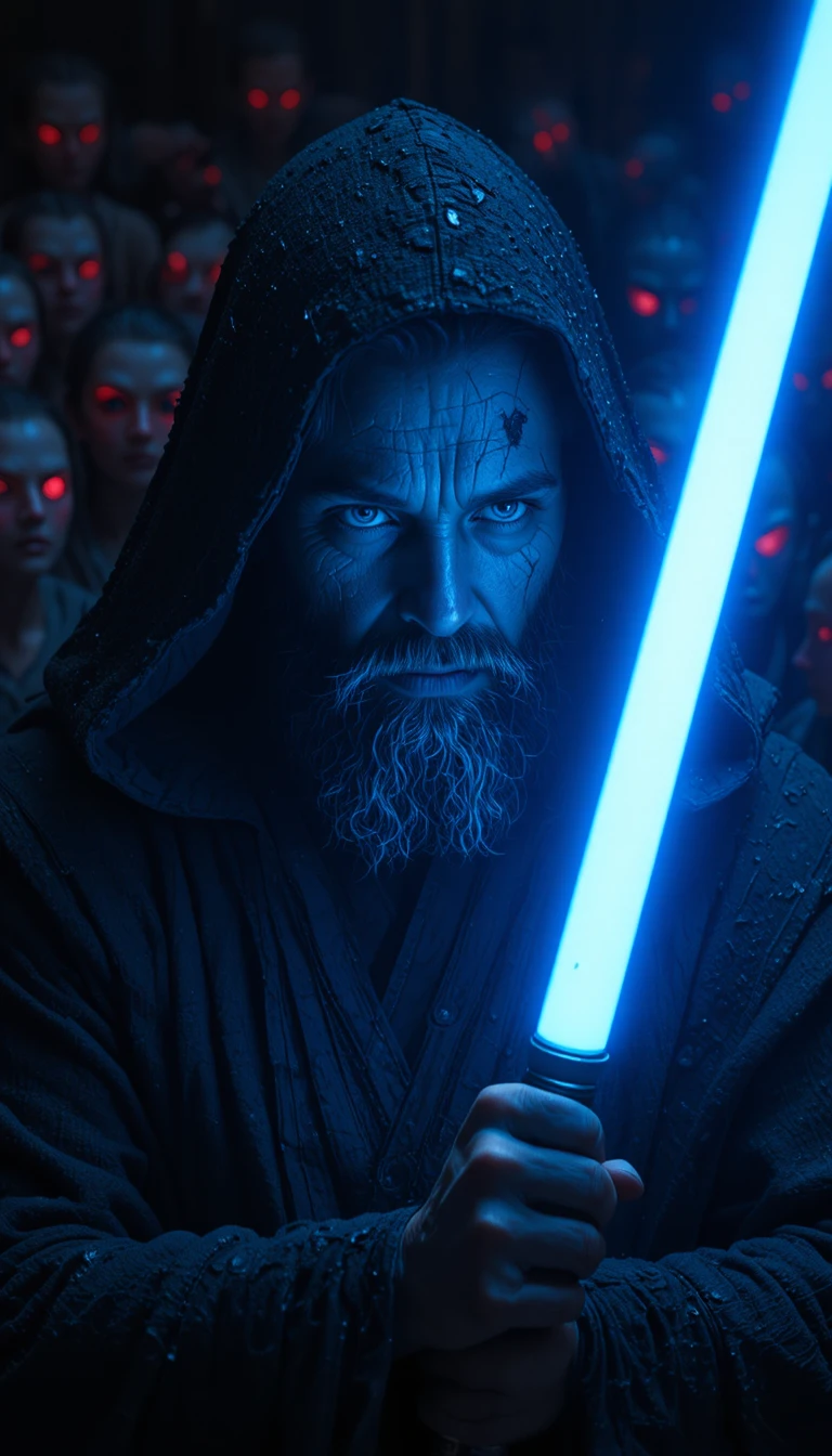 Battle weary jedi ignites flickering blue lightsaber in darkness