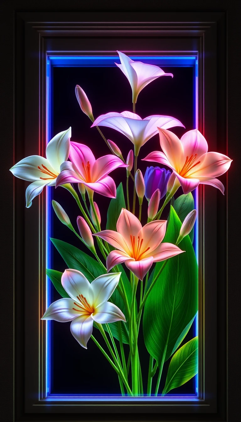 Glowing tropical leaves drawn as neon cables on canvas