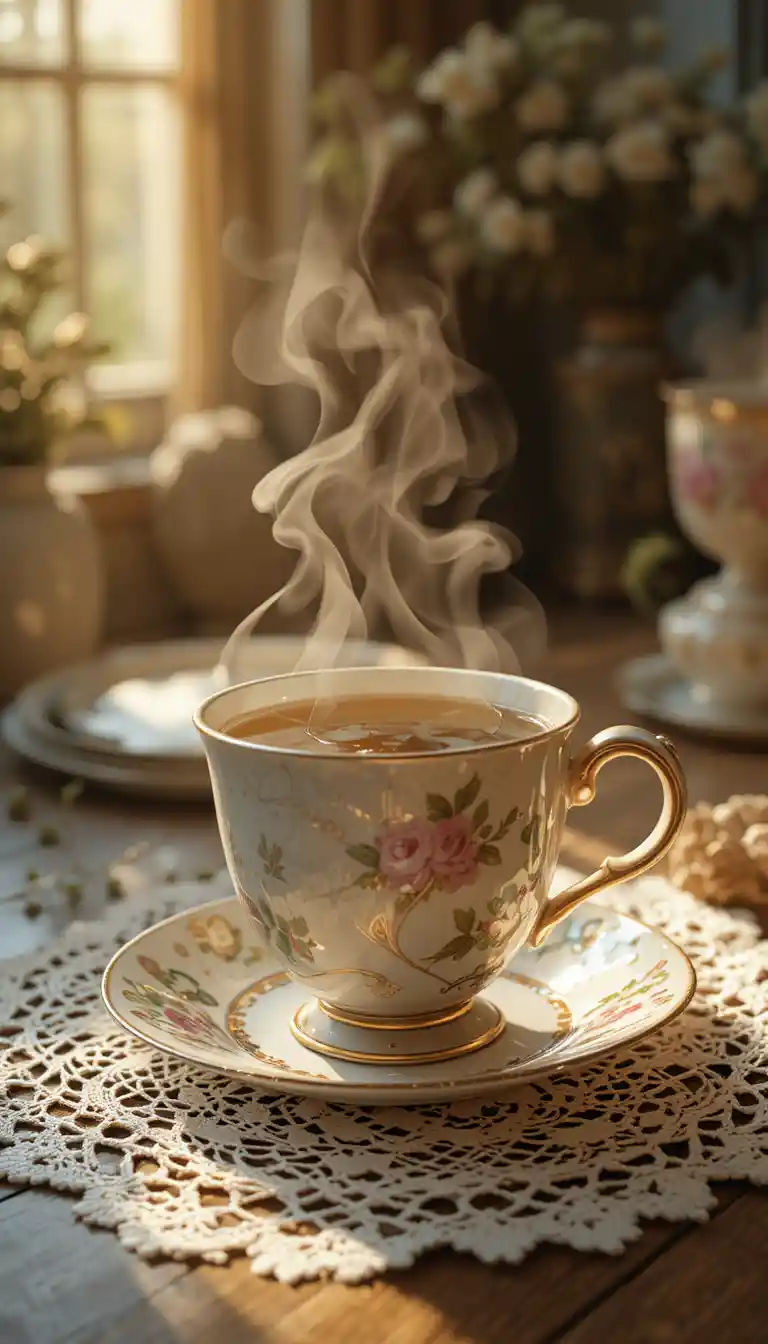 Antike Teetasse mit Kräuteraufguss im warmen goldenen Licht