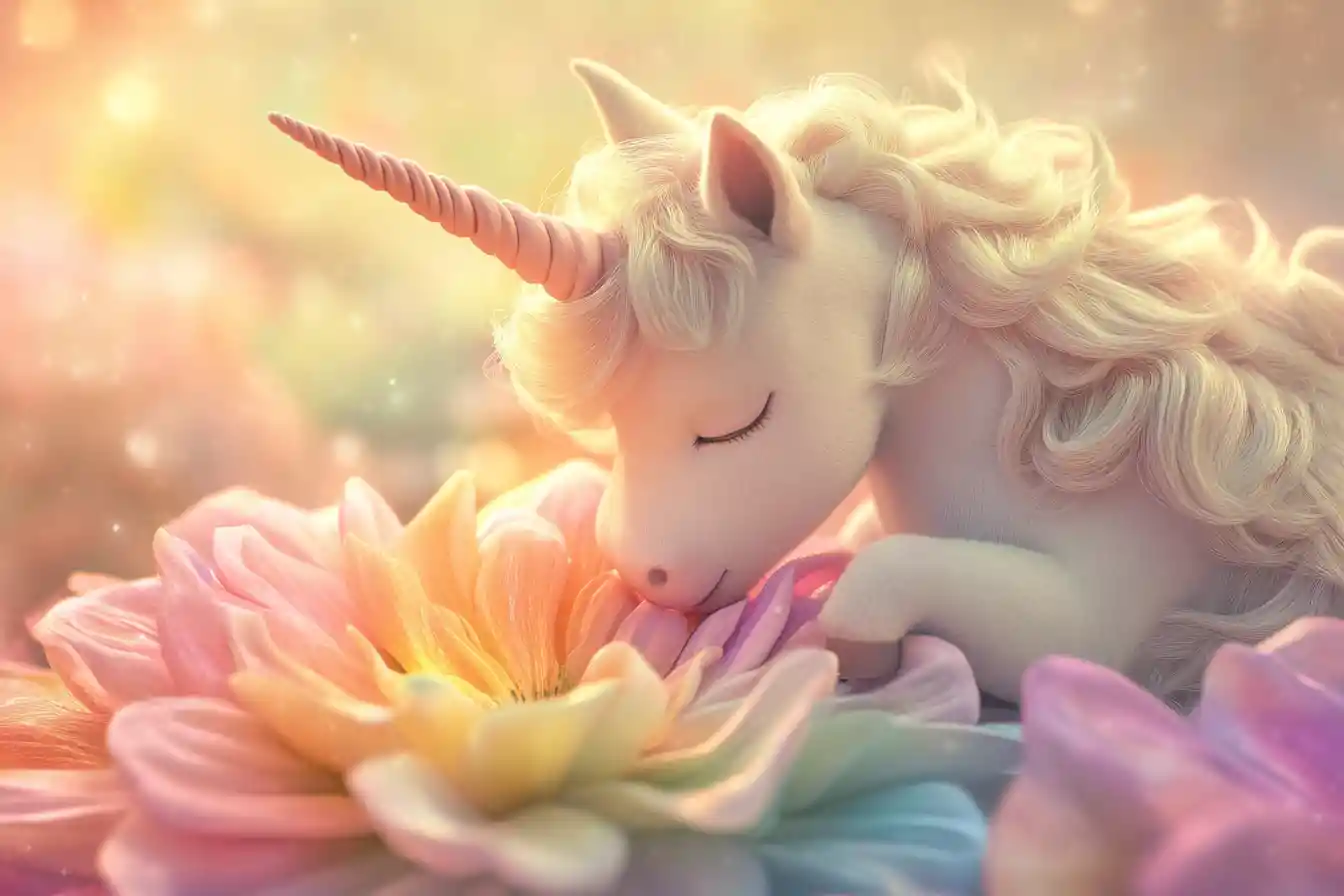 Baby unicorn nuzzling a glowing rainbow flower at dawn