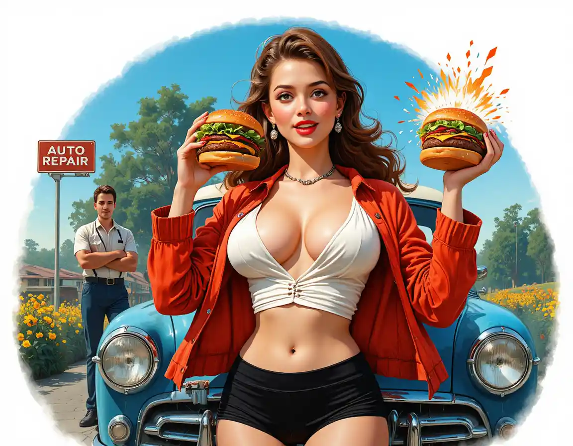 Playful pin up woman by blue car on sunny roadside