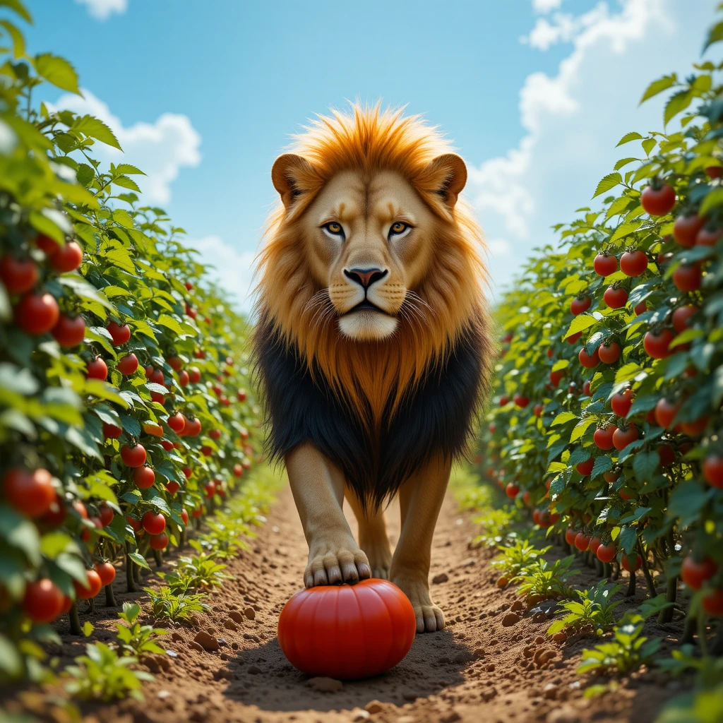 Majestuoso león caminando por una frondosa huerta de tomates