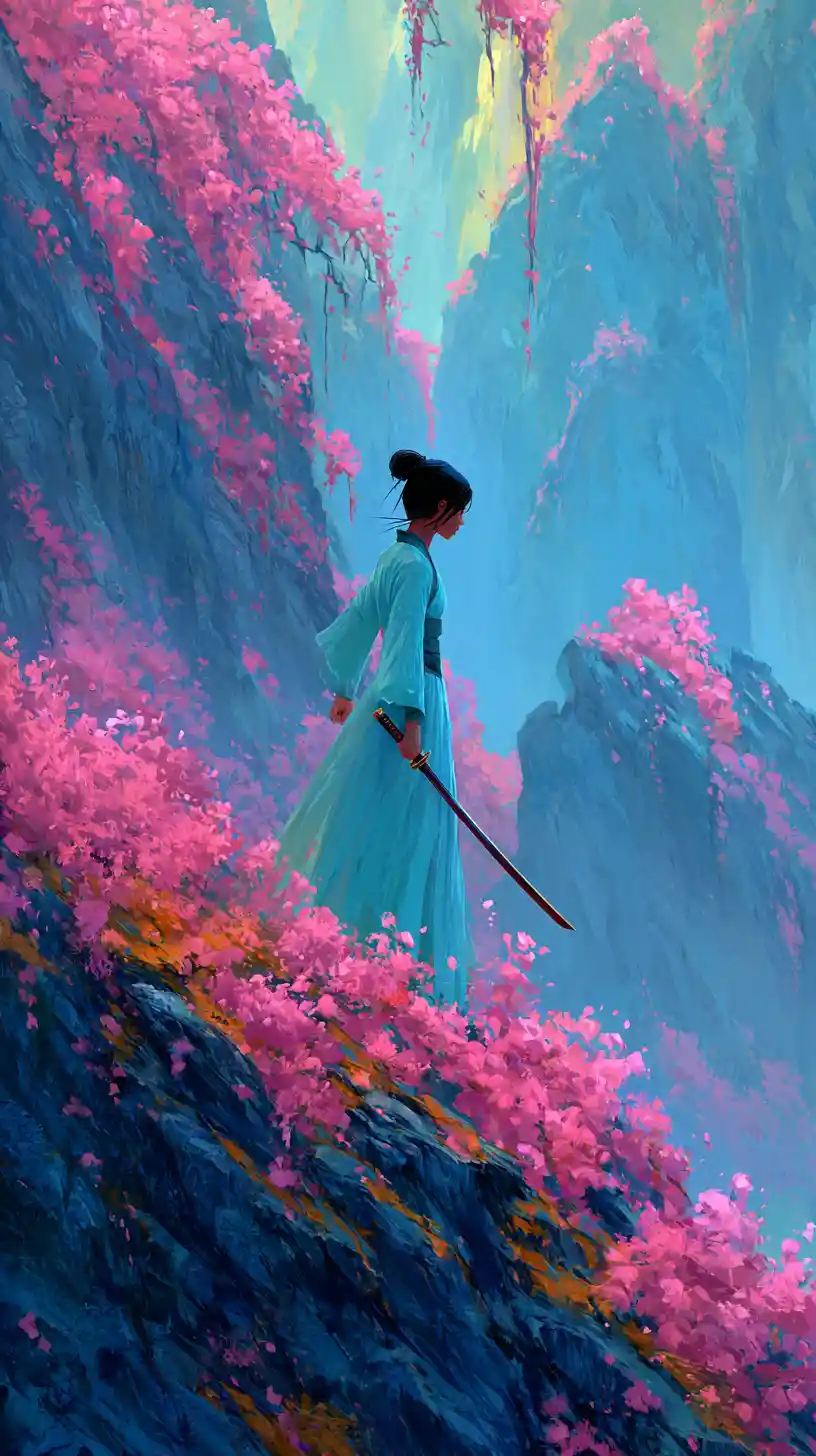 Female warrior on a cherry blossom cliff at dawn
