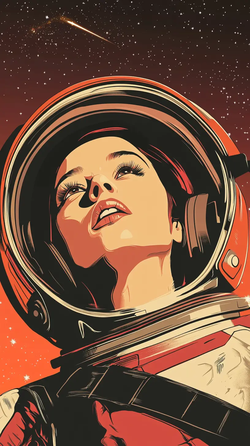Female astronaut floating above the red Martian horizon