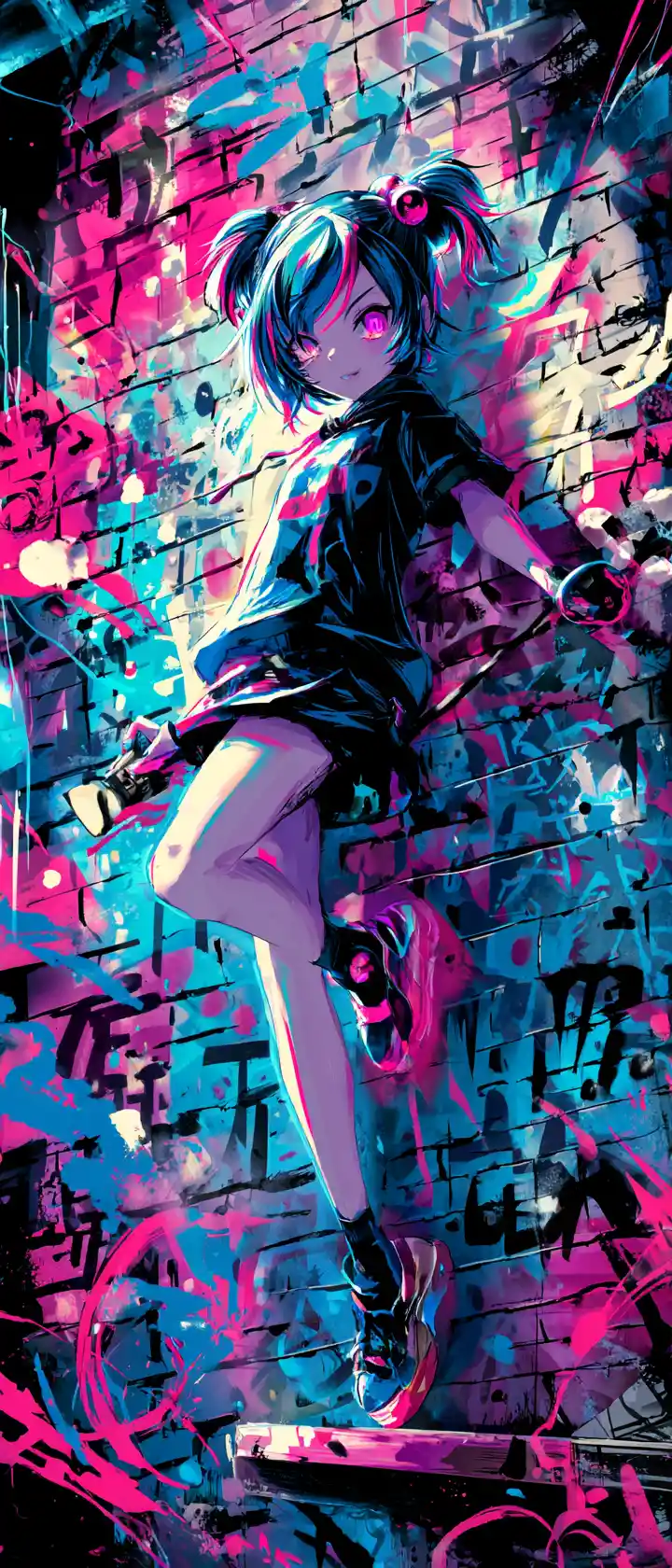 Cyberpunk graffiti girl painting neon tags in alley