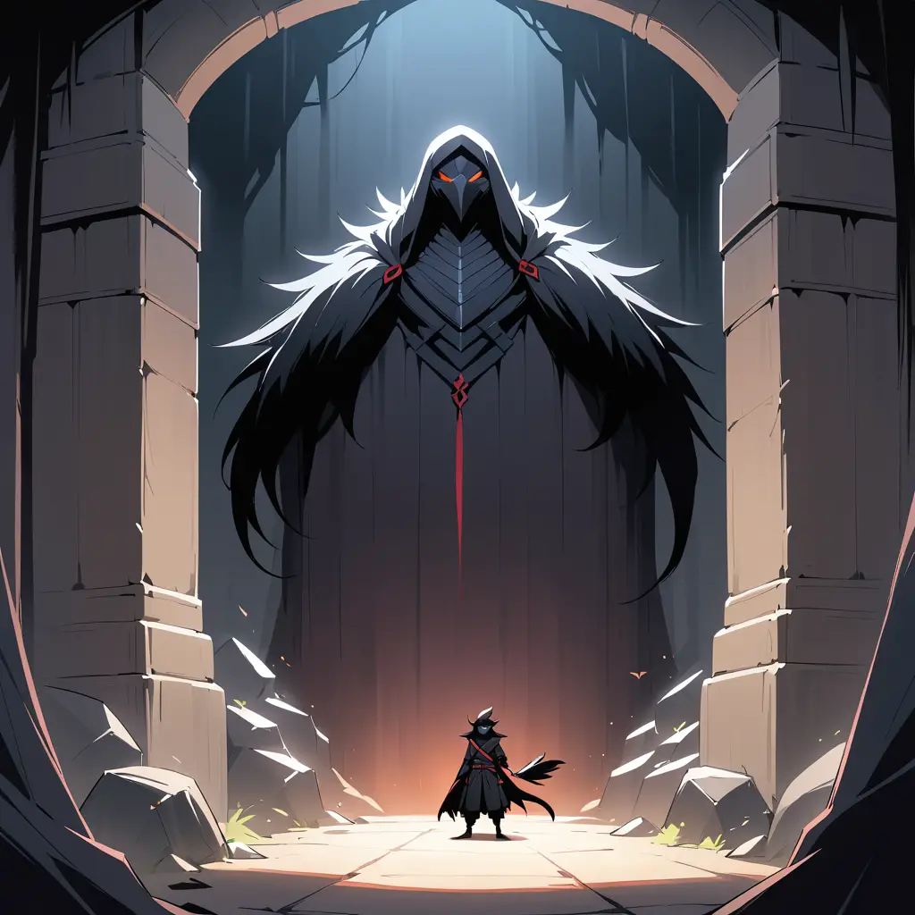 Dark ninja with crow mask lurking in monster dungeon