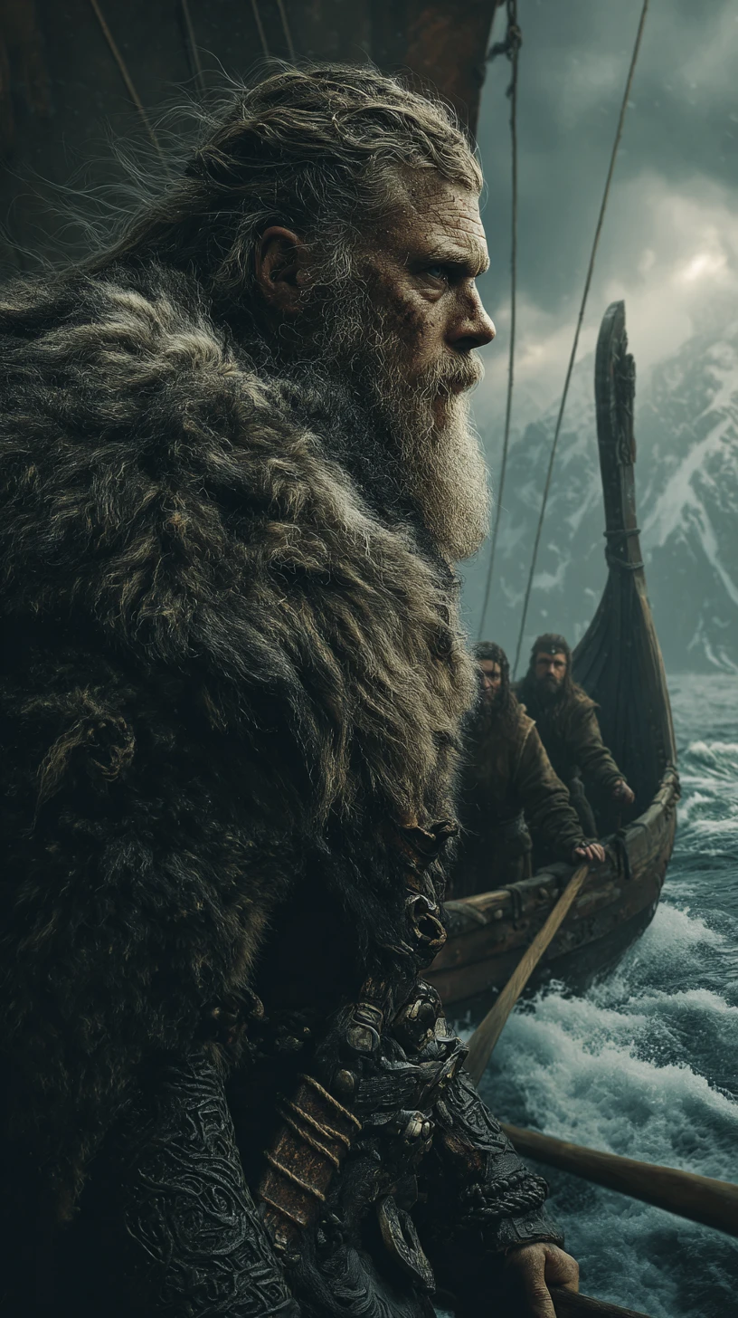 Caudillo vikingo guiando su barco por mares tempestuosos