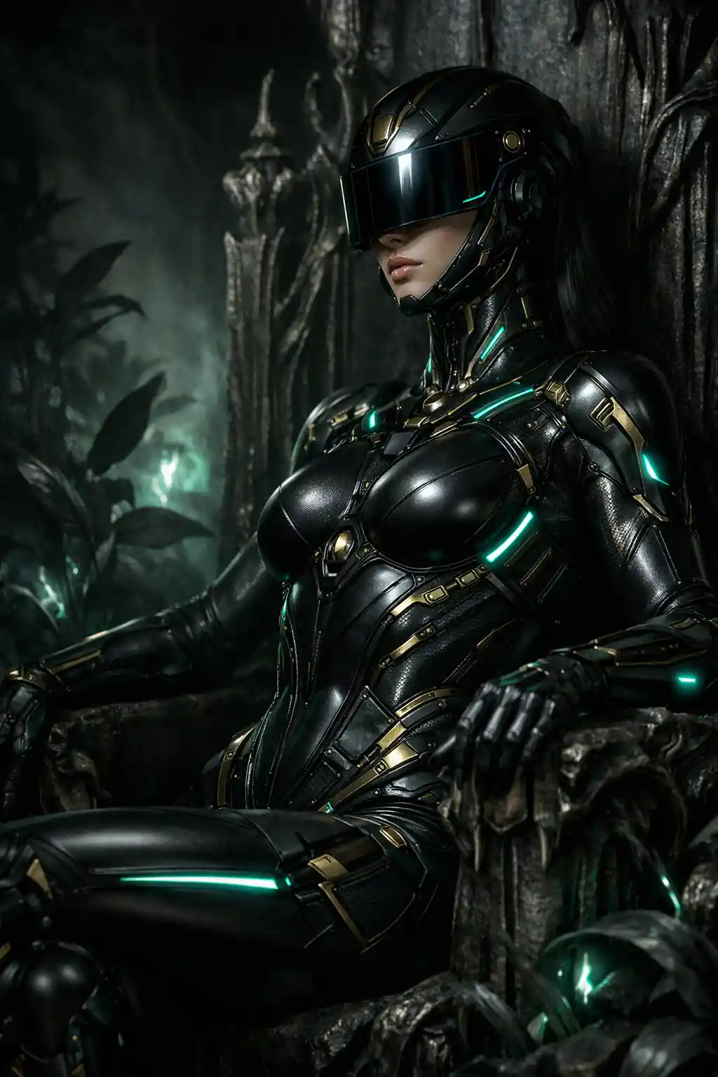 Biomechanoid woman seated on an ancient fantasy throne