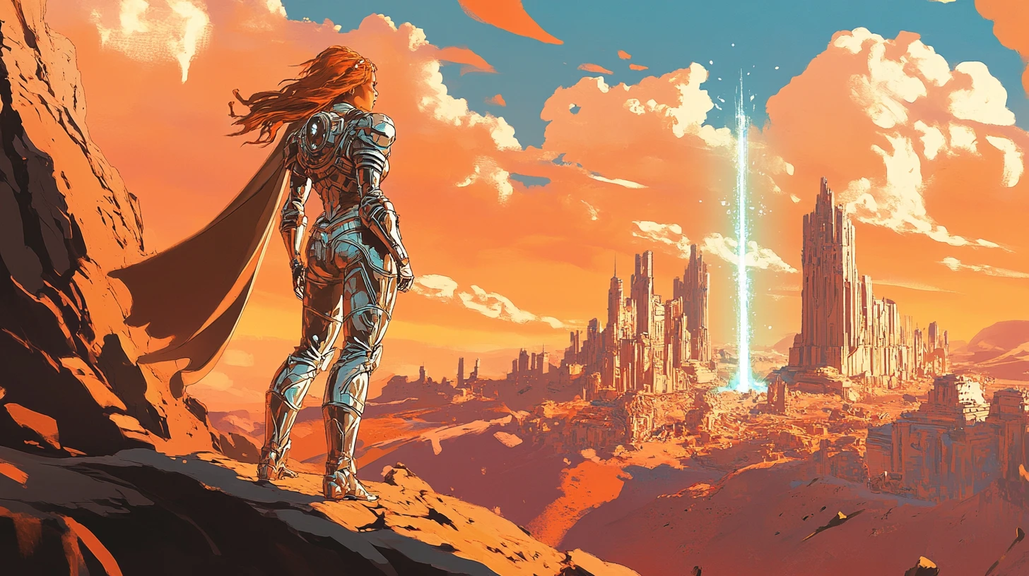 Armored princess before a glowing portal on ruined Mars