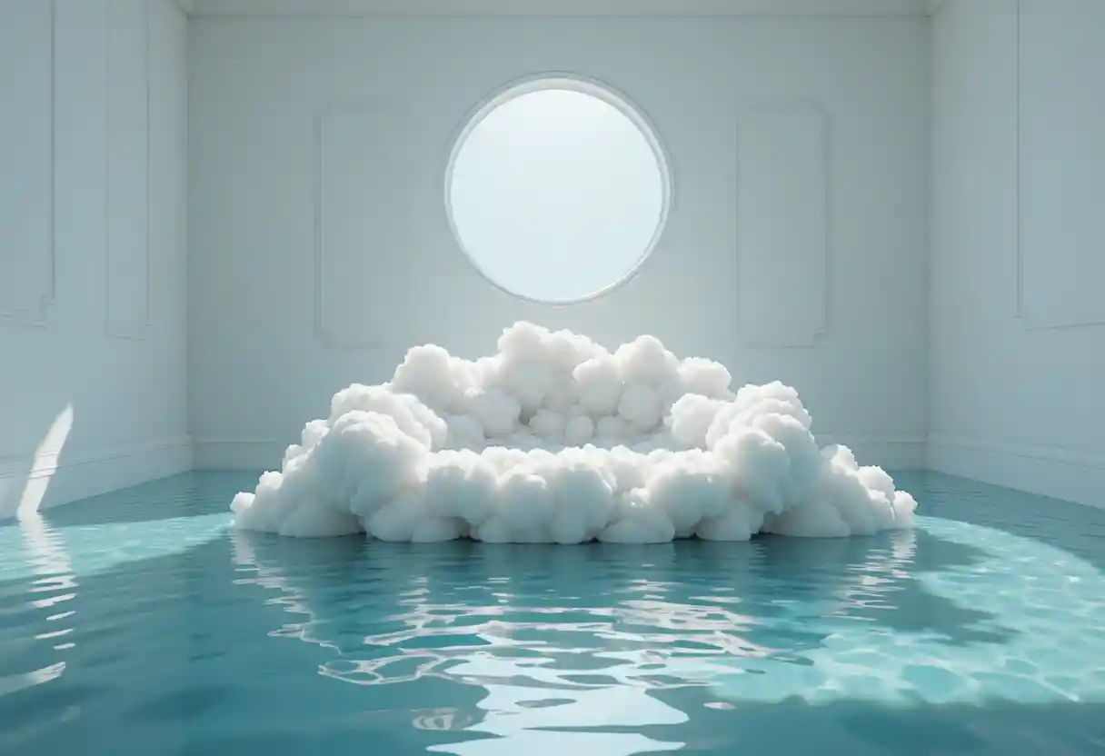 Surreal minimalist room with cloud sofa and water floor