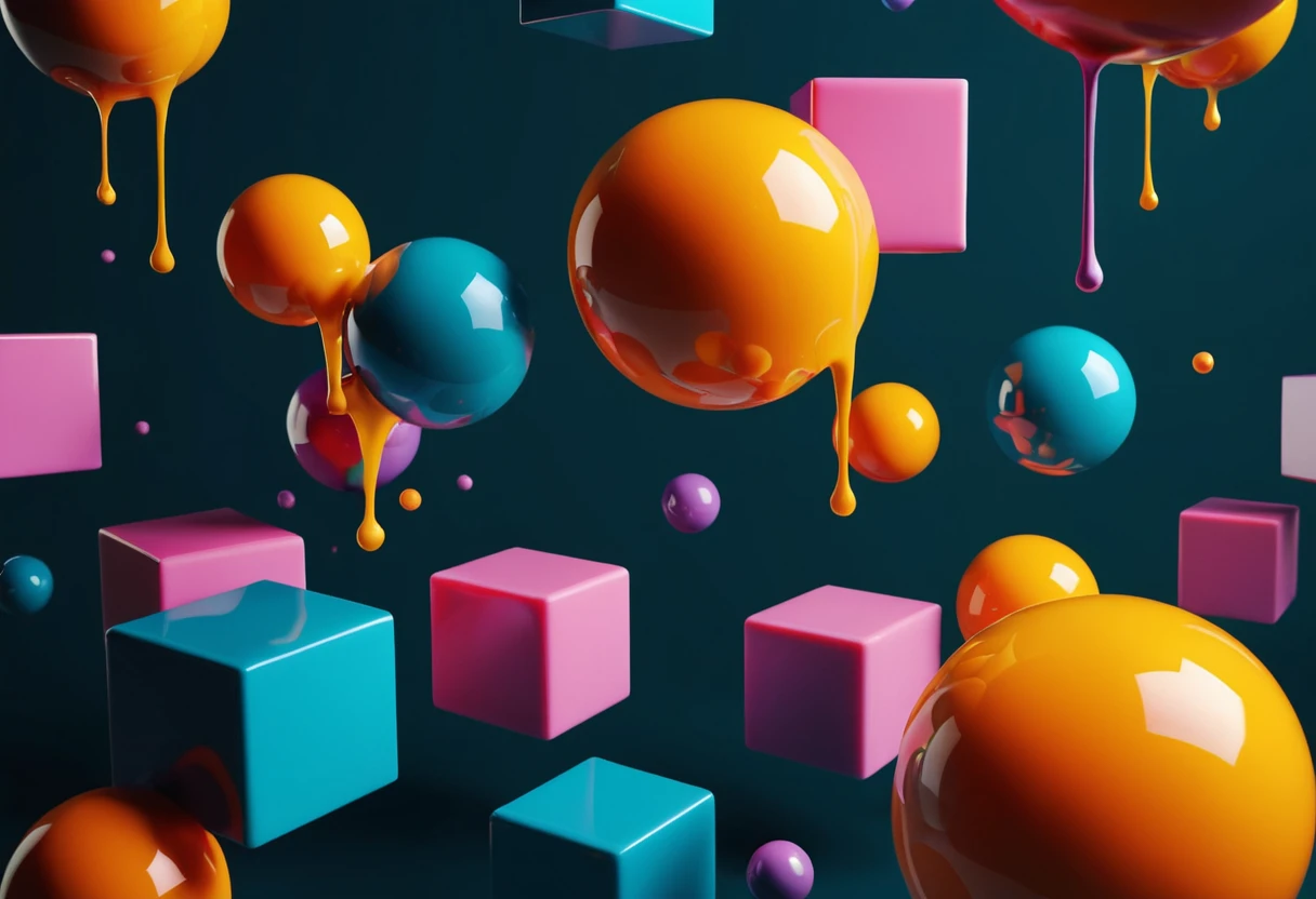 Floating 3d shapes melting into vibrant liquid color chaos
