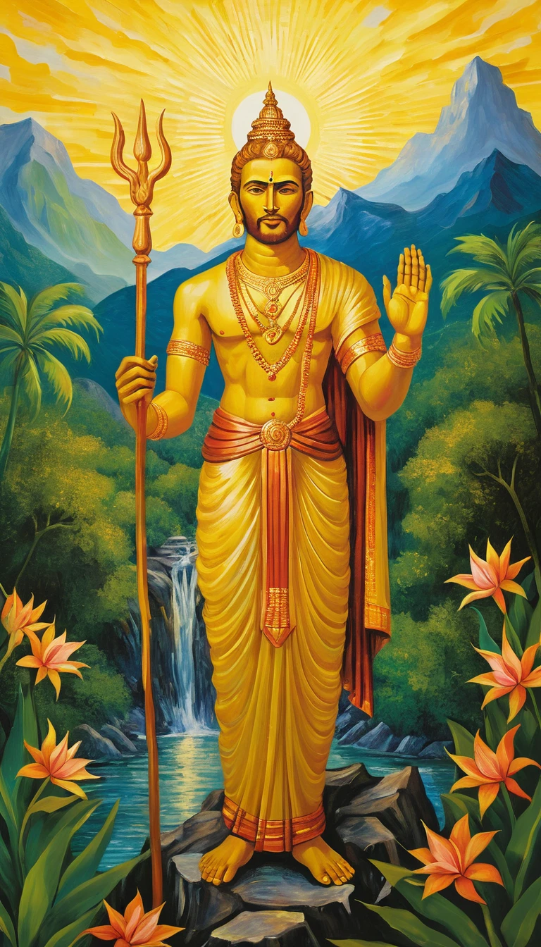 Divine Hindu deity with six faces in glowing tropical realm