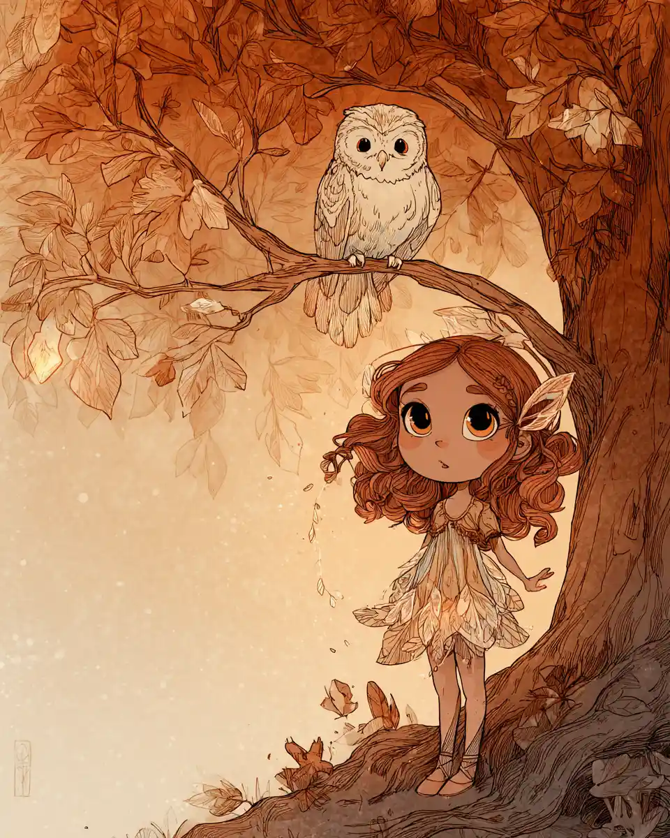 Autumn fairy child under an old oak at dusk