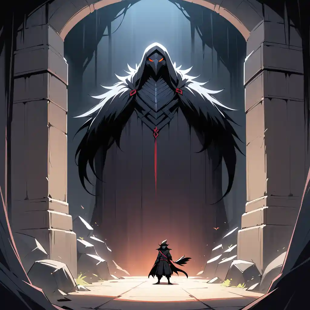 Ninja sombrio com máscara de corvo à espreita em masmorra de monstros