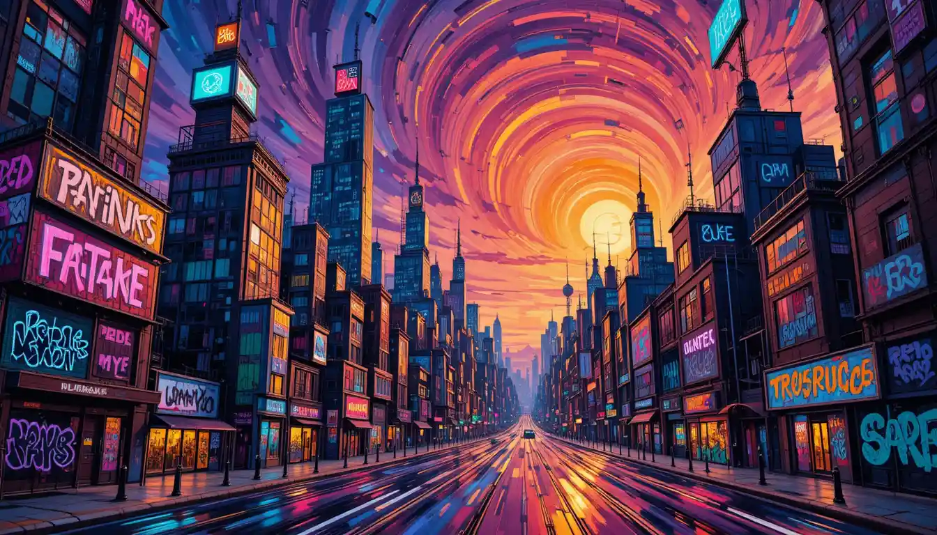 Abstract dusk cityscape swirling in neon and sunset hues