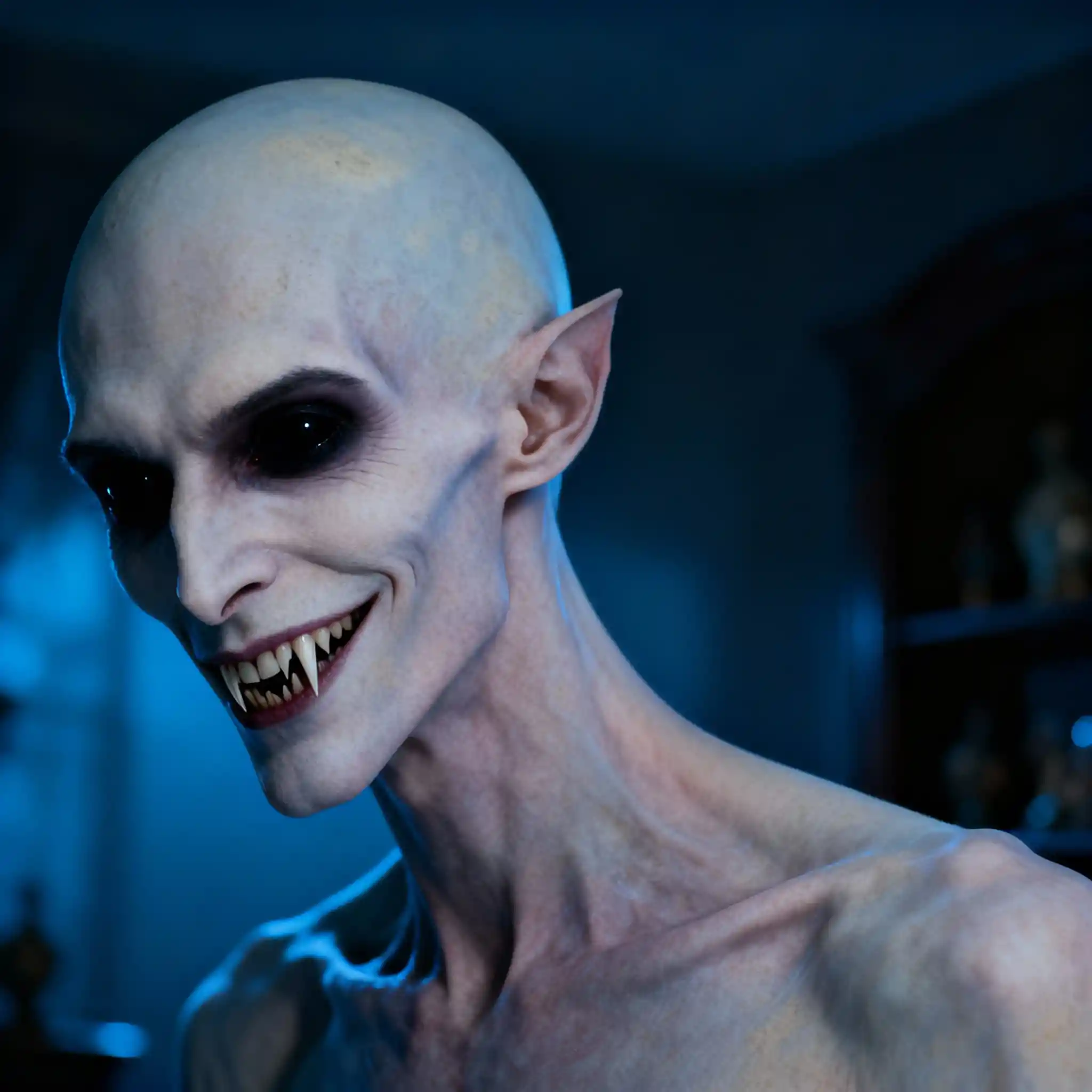 Vampiro alto y siniestro con ojos negros y dientes afilados