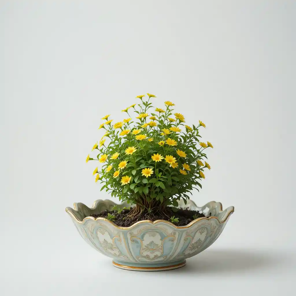 Elegant potted plant in decorative bowl on white background