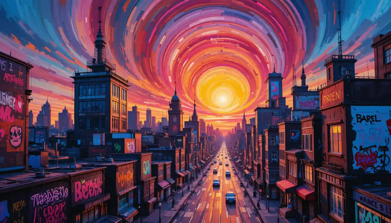 Abstract neon cityscape at dusk with warped skyline