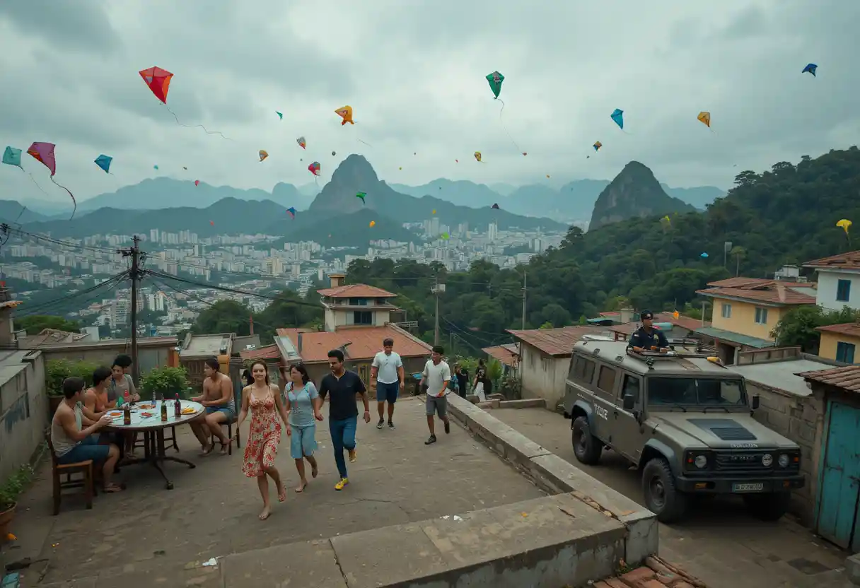 Young friends flying kites above Rio de Janeiro favela rooftops