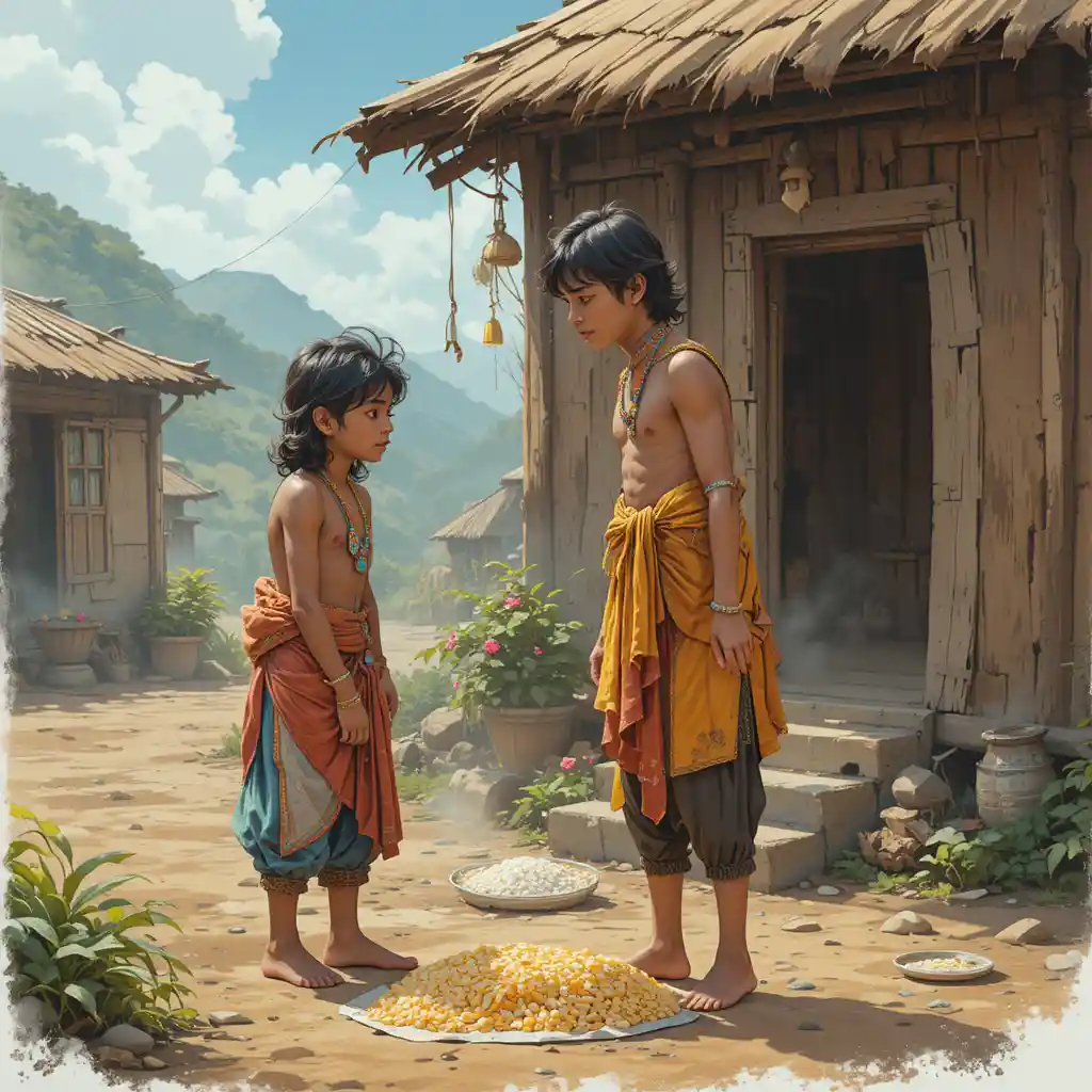Rich village boy sharing his meal with a hungry friend