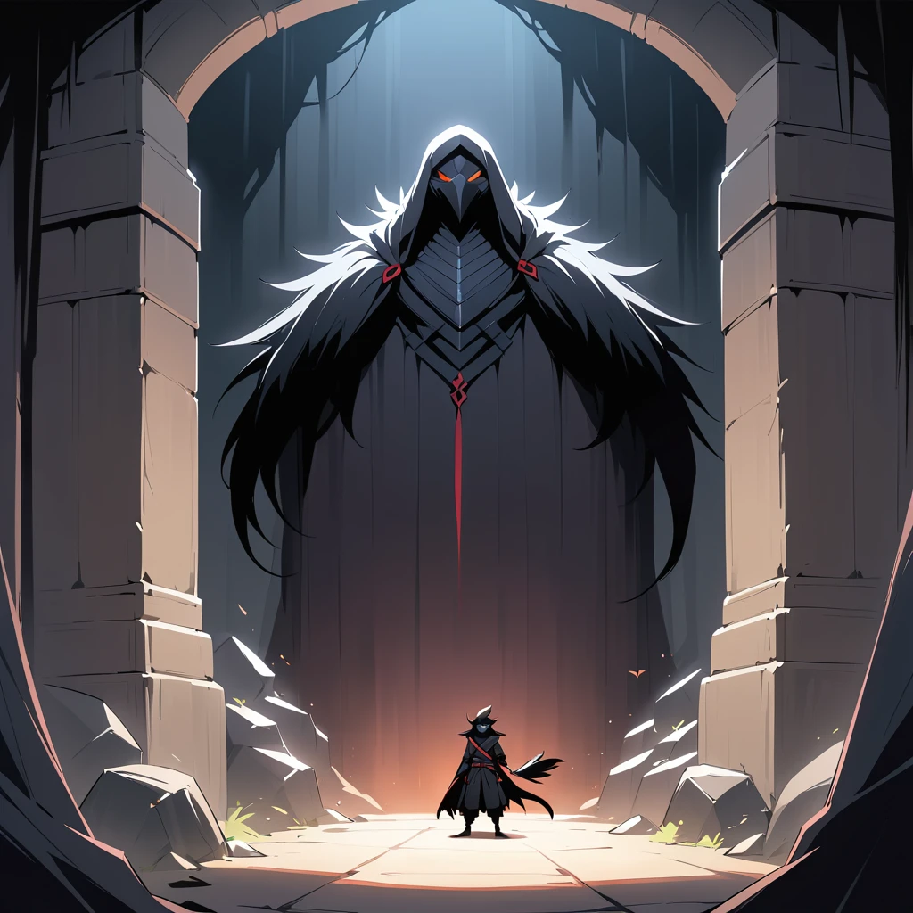 Ninja sombre avec masque de corbeau rôdant dans un donjon de monstres