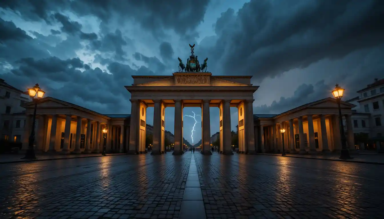 Brandenburger Tor in der Dämmerung unter dramatischem Sturmhimmel