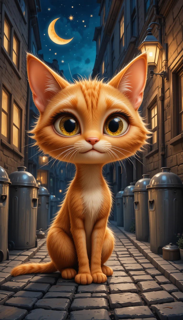 Gato naranja de dibujos animados en un callejón nocturno con cubos de basura