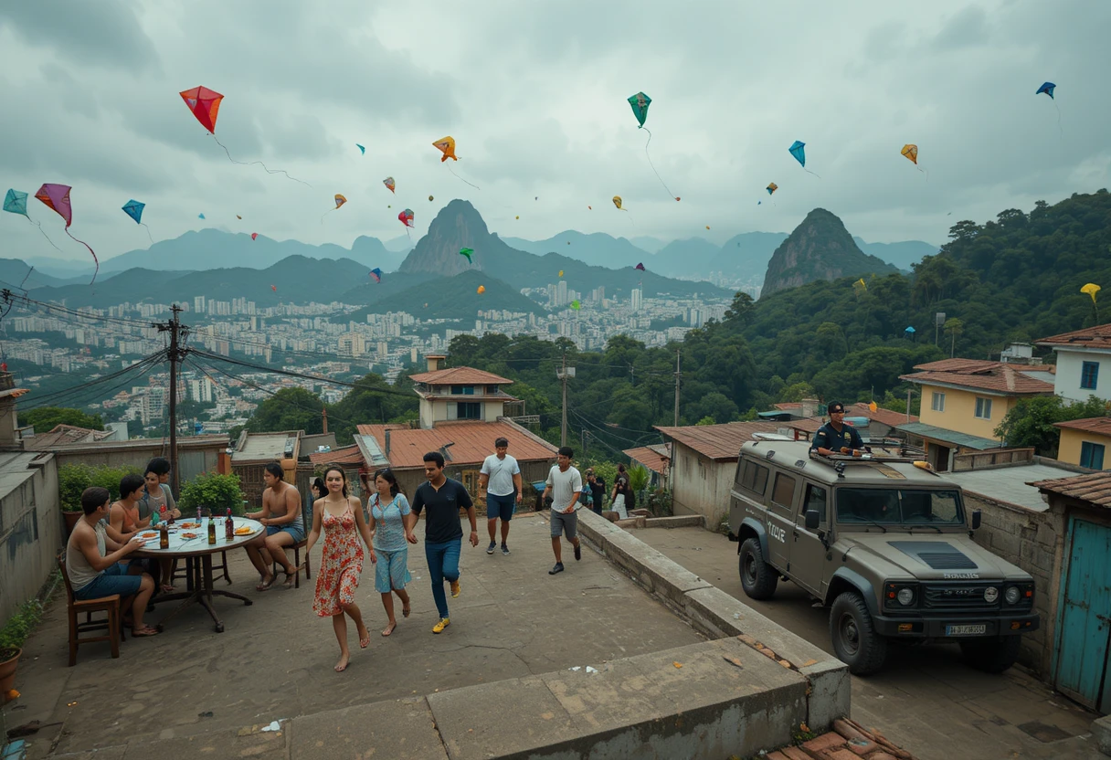 Jóvenes amigos volando cometas sobre los tejados de una favela de Río de Janeiro