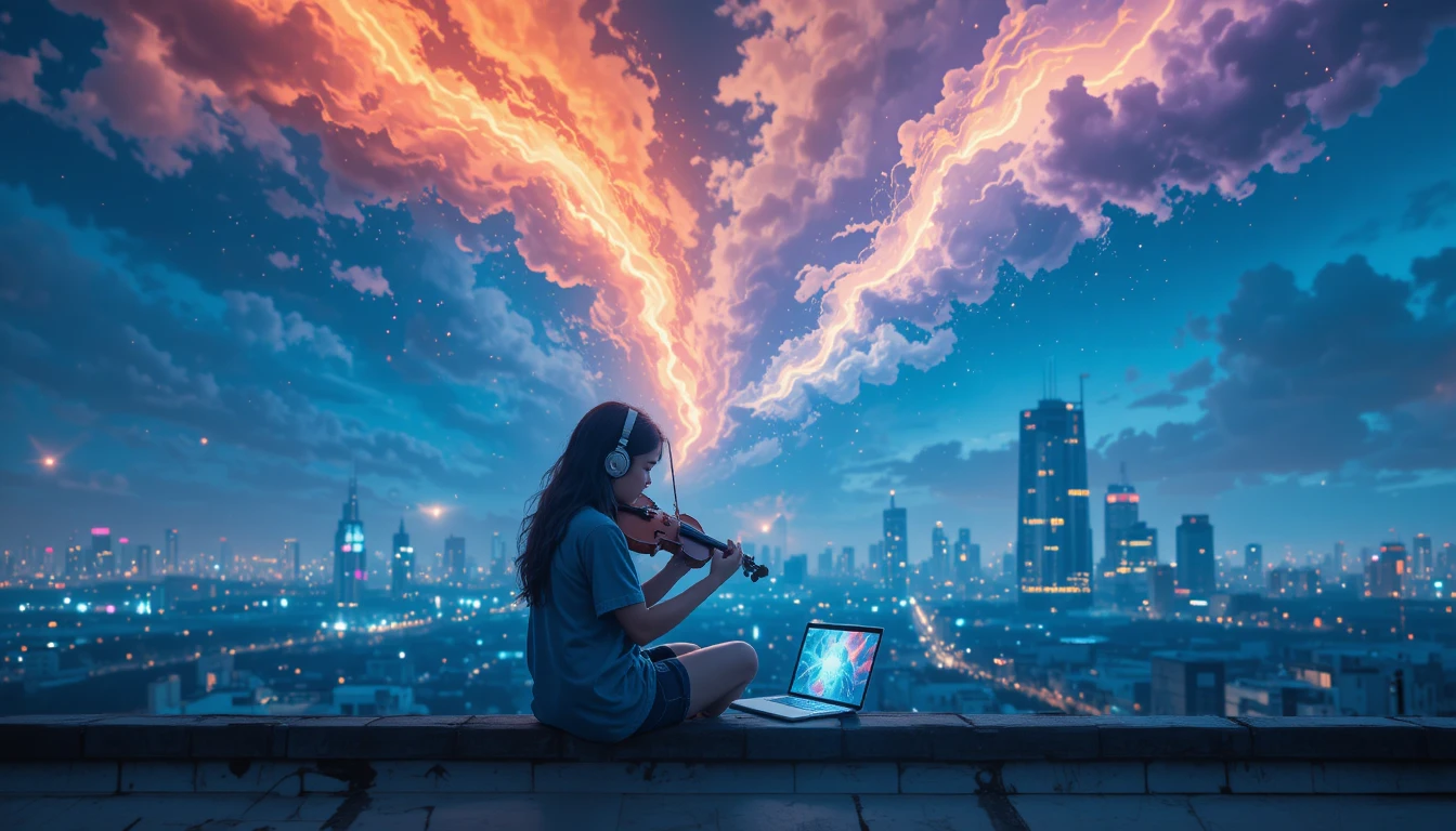 Girl with headphones playing violin on neon city rooftop