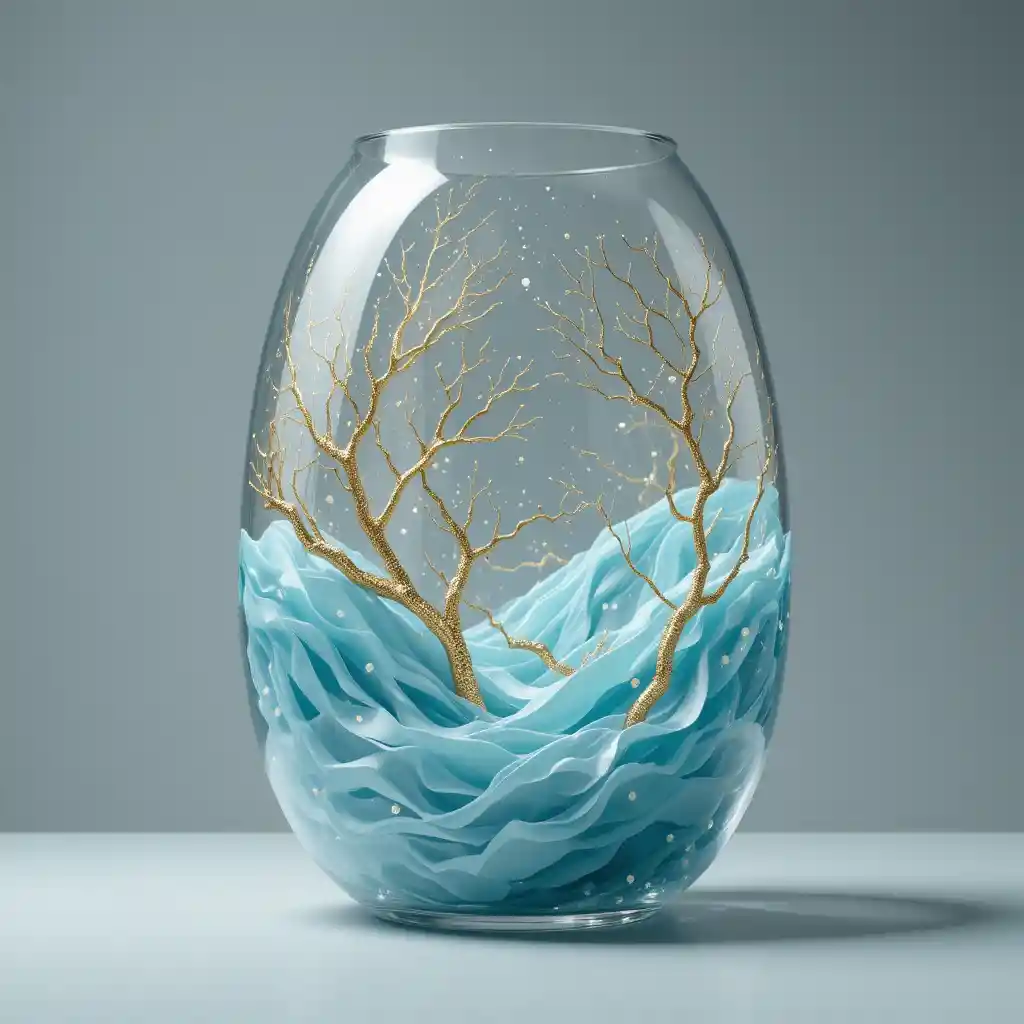 Translucent glass sculpture with teal fabric and gold veins