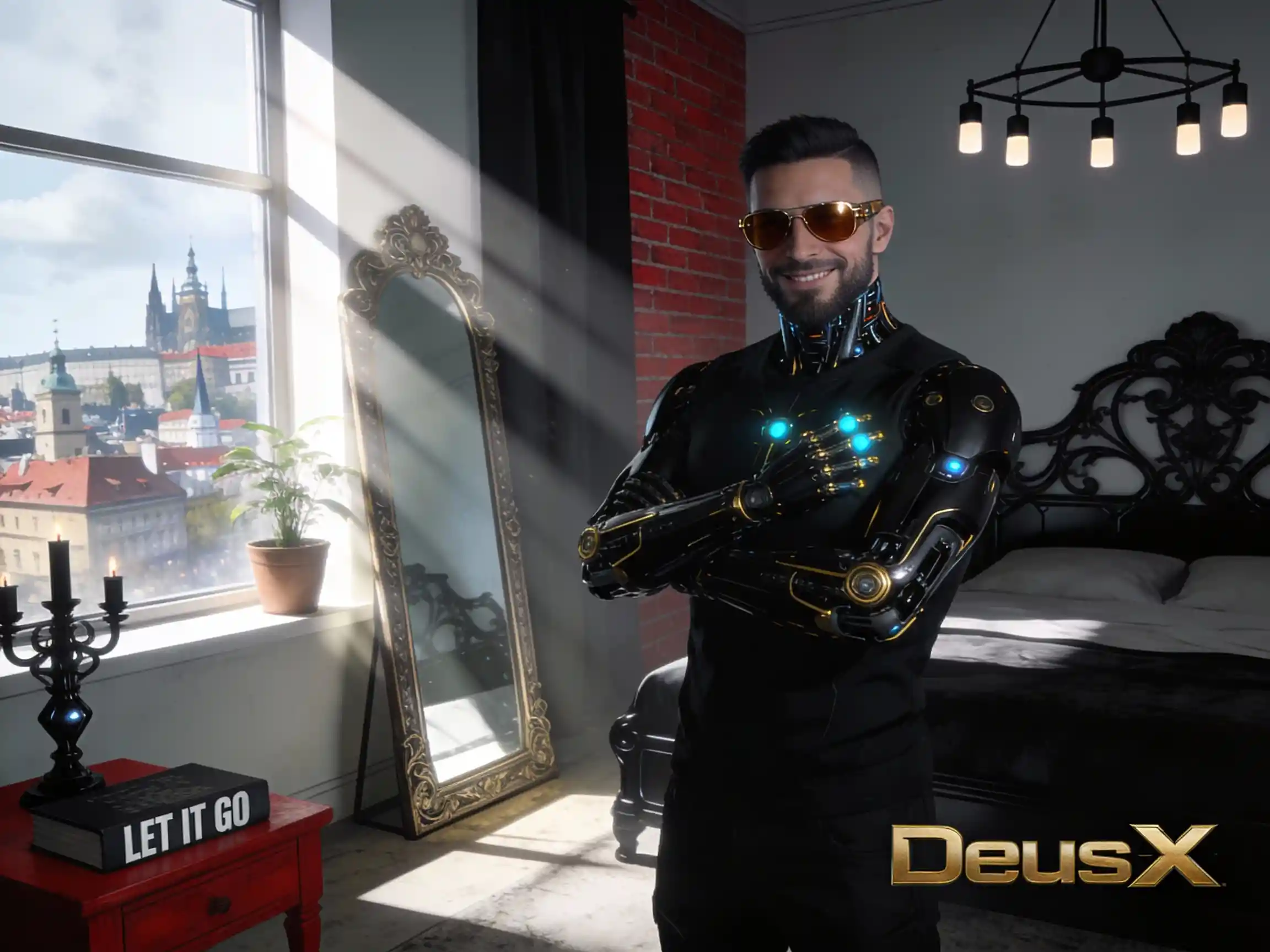 Cybernetic detective in a sunlit futuristic bedroom