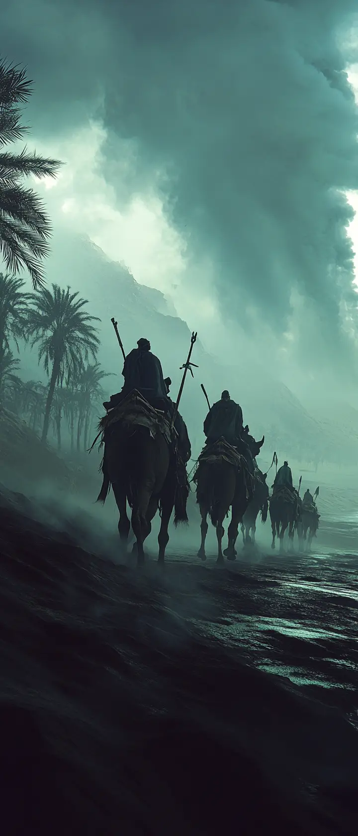 Camel caravan crossing a cursed desert at dusk