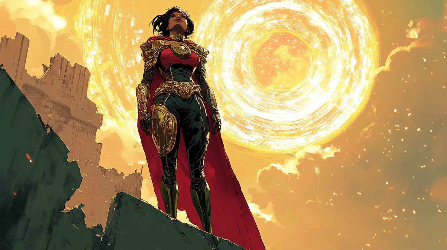 Princesa de ciencia ficción blindada frente a un portal interdimensional brillante
