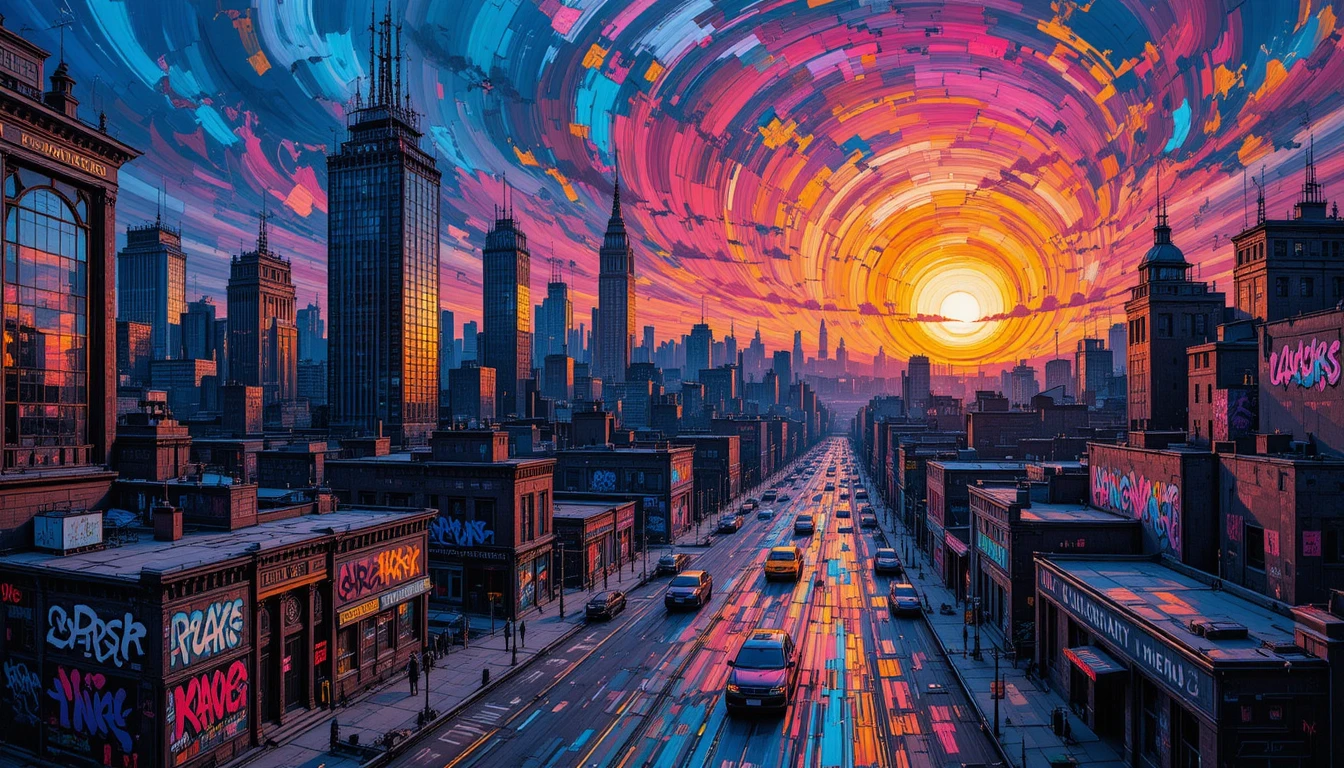 Abstract dusk cityscape warped with neon surreal skyscrapers