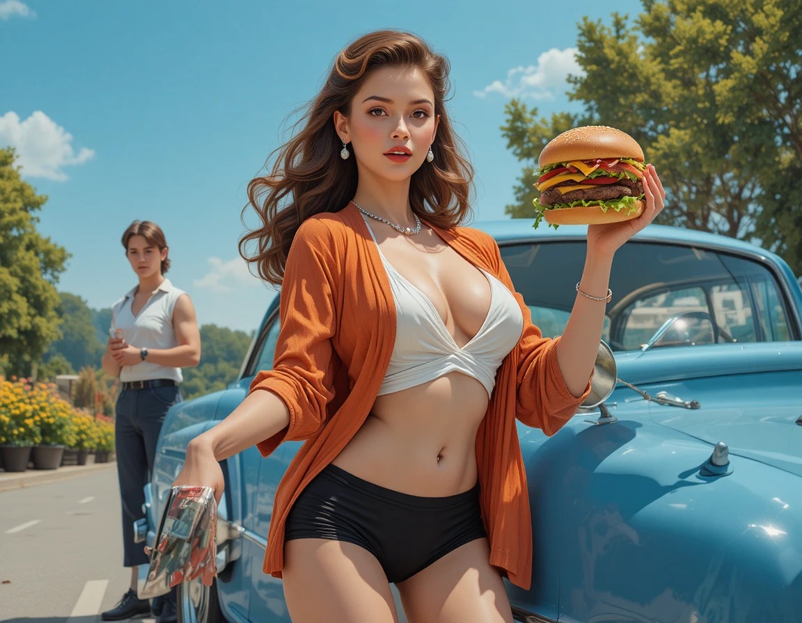 Playful pinup woman by blue car on sunny roadside