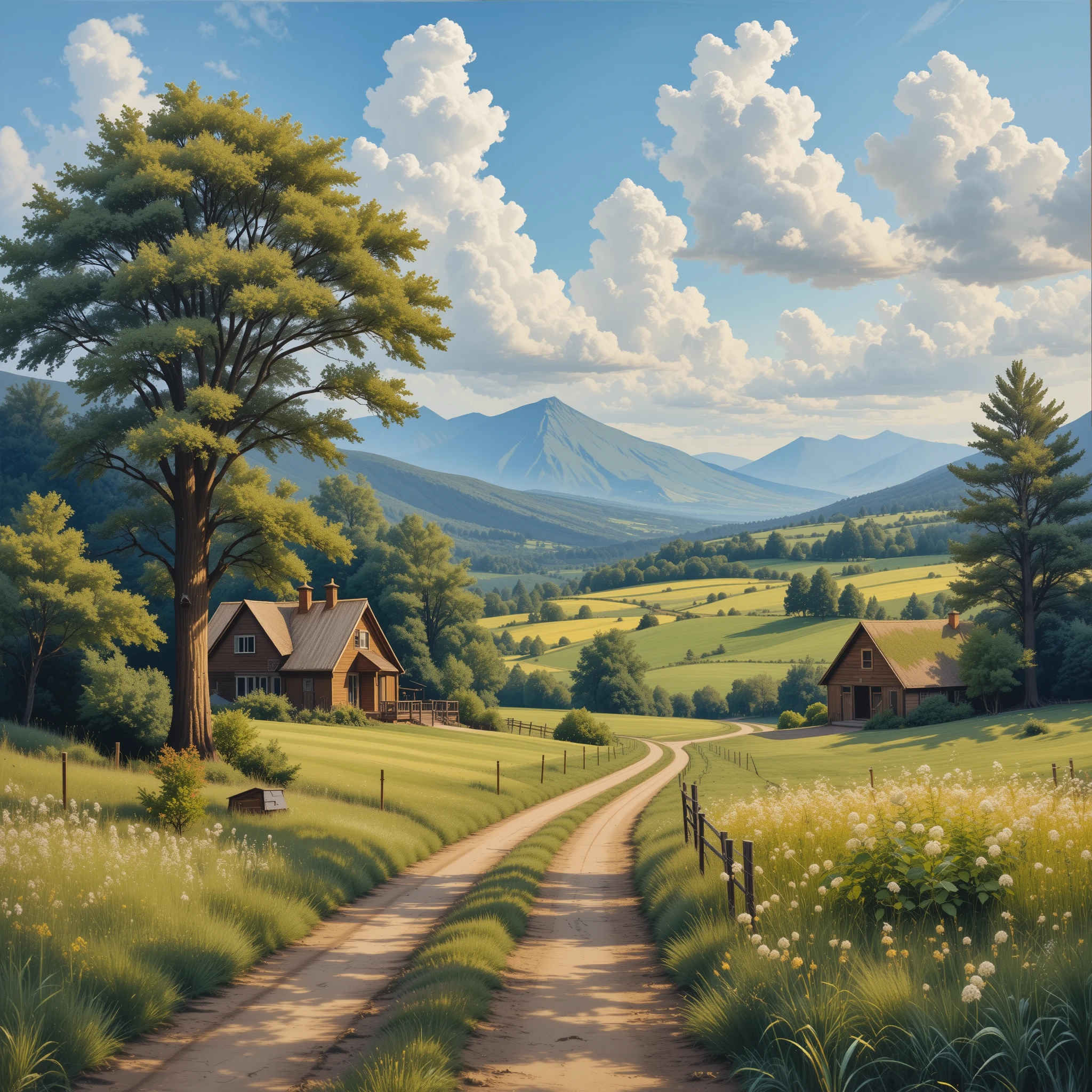 Serene realistic painting of a peaceful countryside landscape