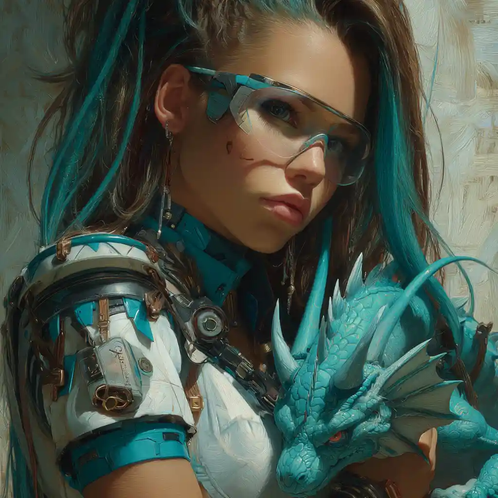 Melancholic cyberpunk cyborg woman with a small dragon