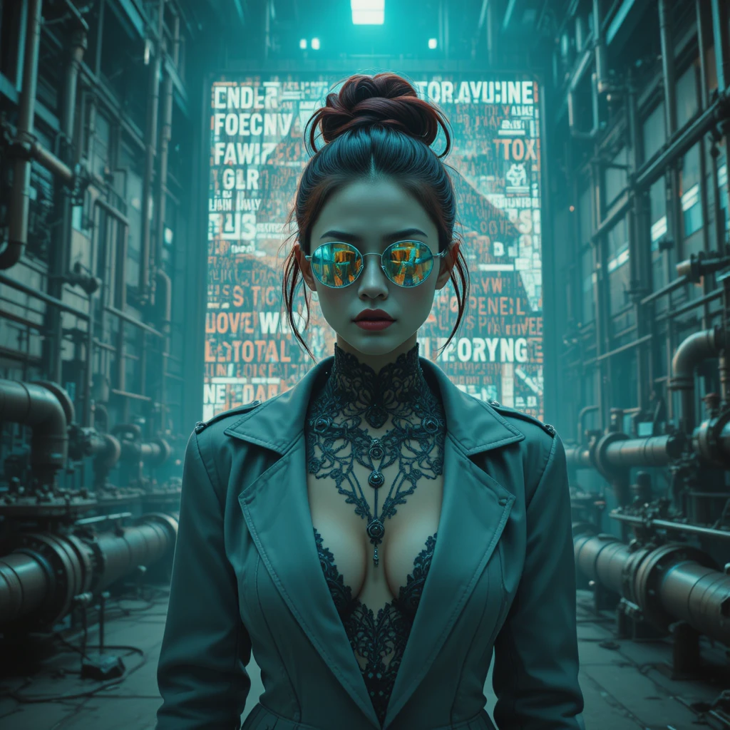 Glitch noir fashion woman in industrial chemical plant