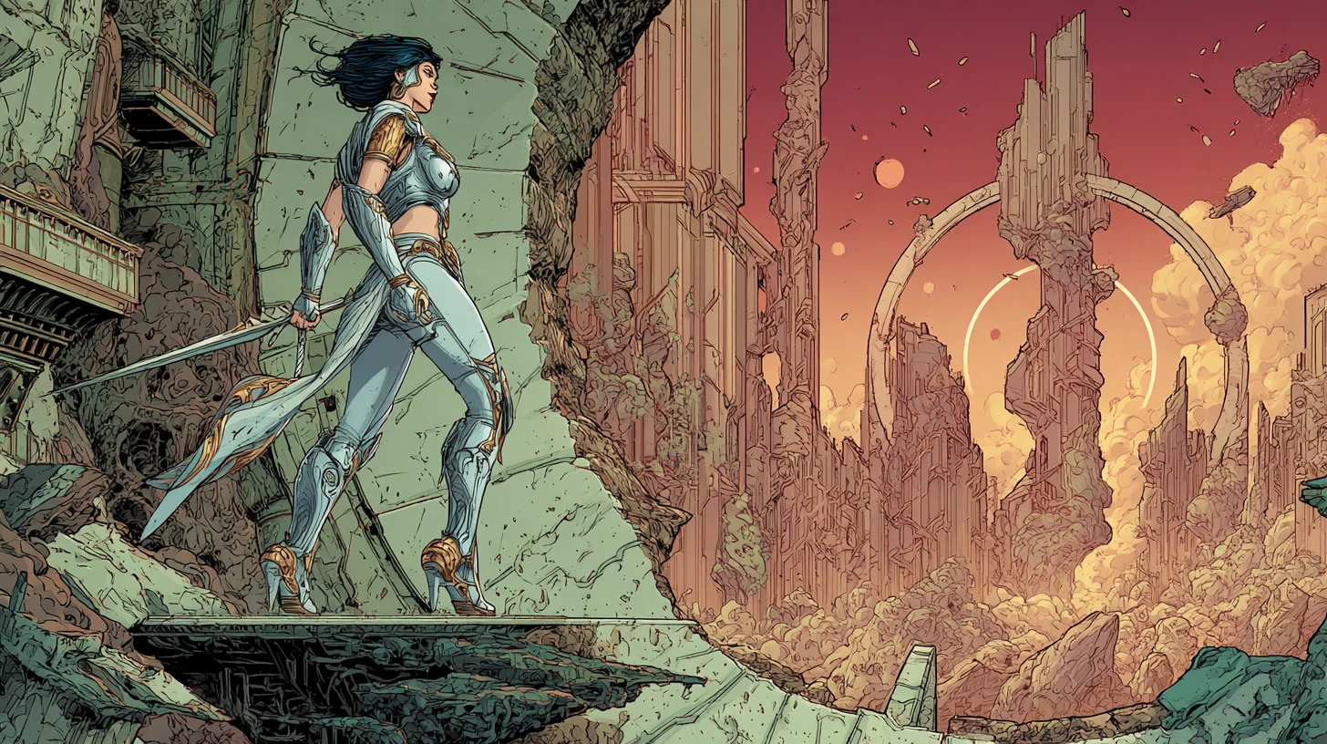 Warrior princess before a glowing dimensional portal