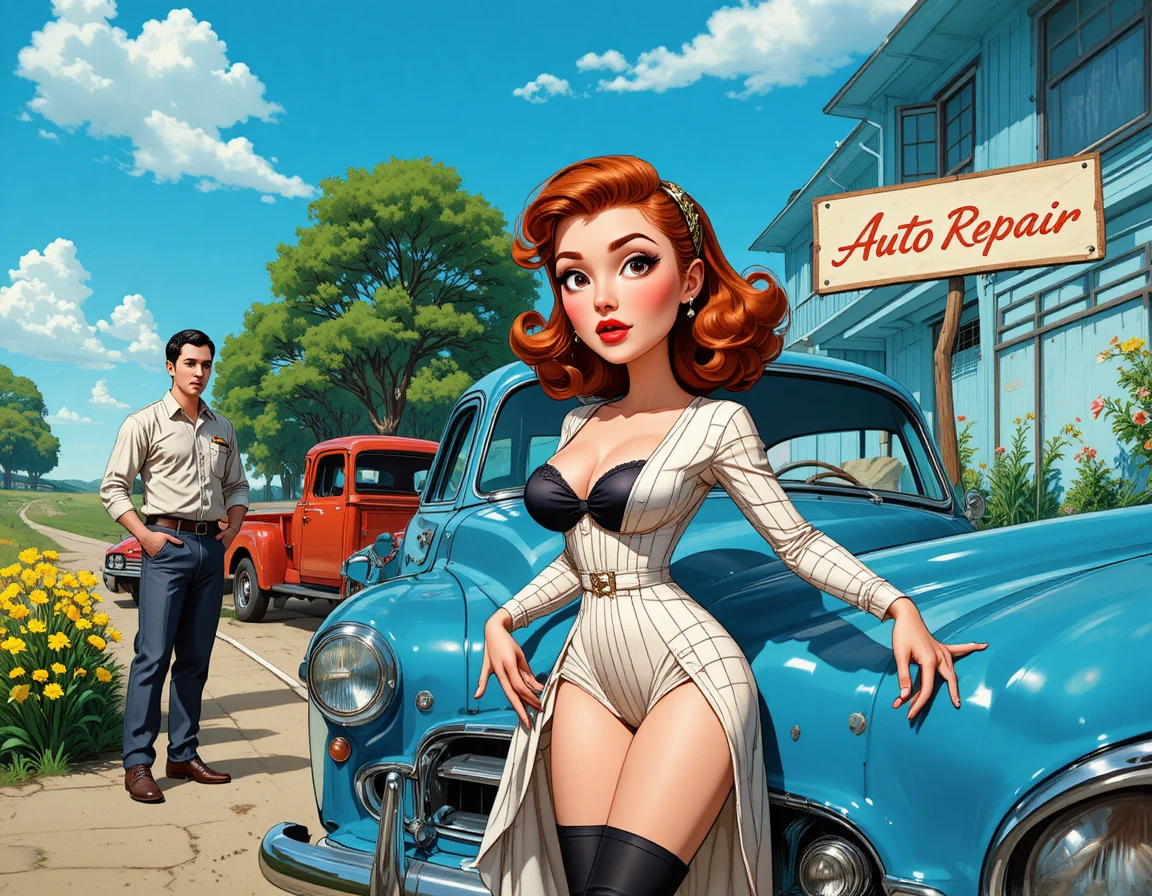 Donna pin-up accanto a un'auto blu in una ventosa scena lungo la strada