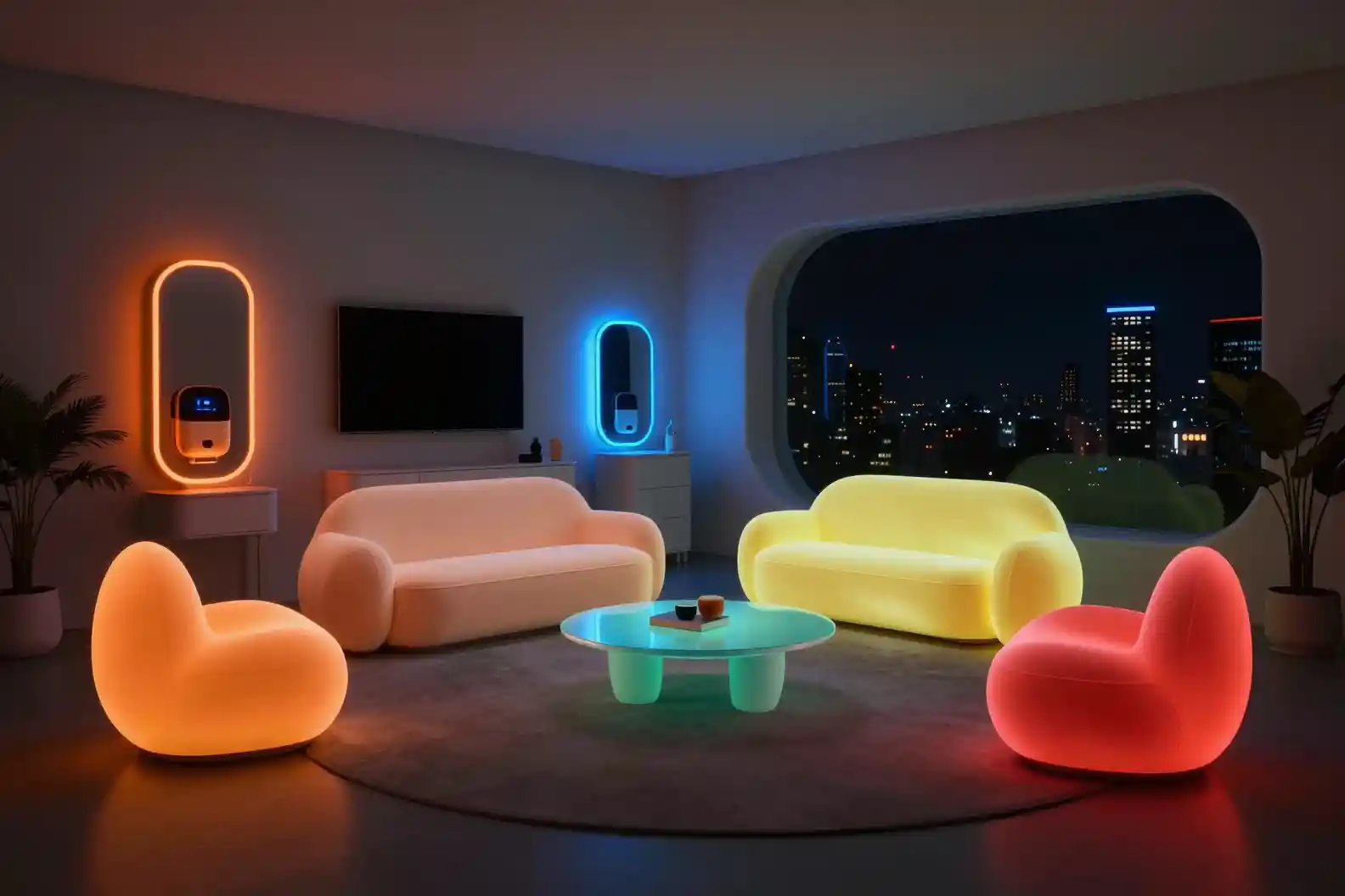 Futuristic living room with glowing fluorescent furniture at night
