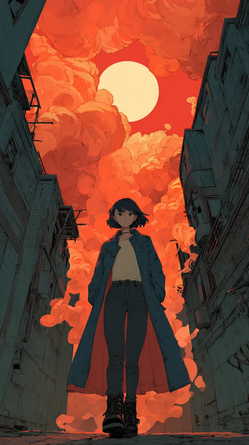 Anime woman walking through a decayed urban alley