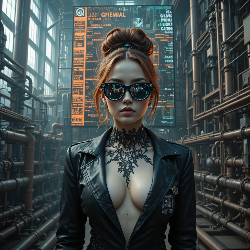 Glitch-Noir-Fashion-Frau in einer industriellen Chemieanlage