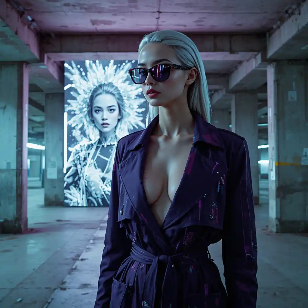 Neon lit woman in brutalist underground parking portrait