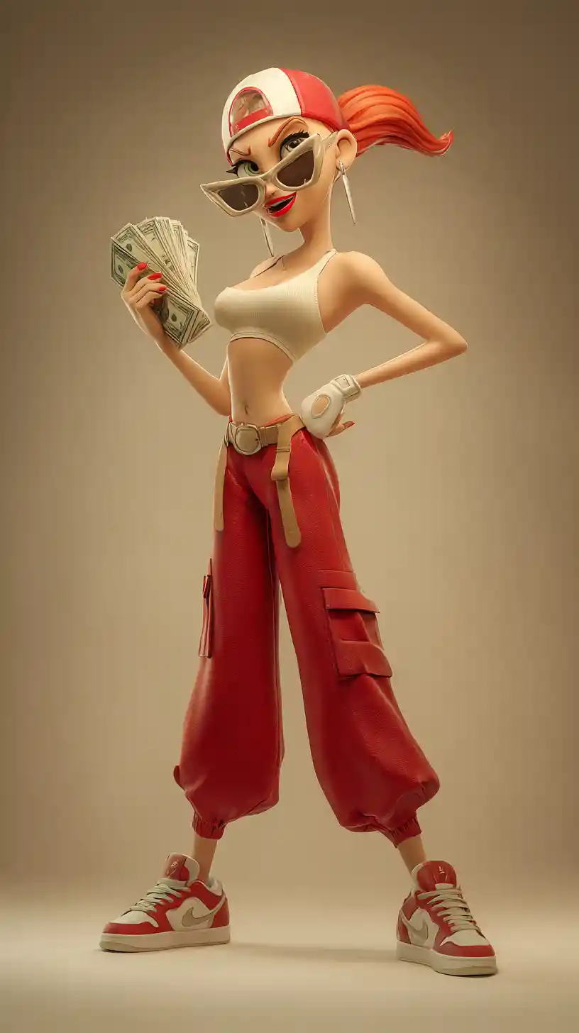 Stylized 3D fashion woman with cash in confident pose
