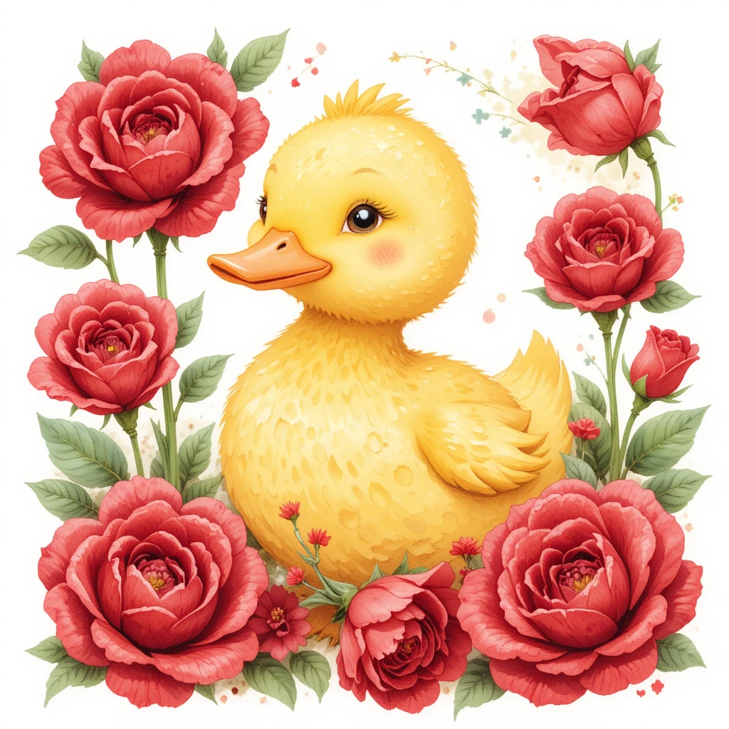 Süße Ente mit roten Rosen Aquarell Kinderillustration